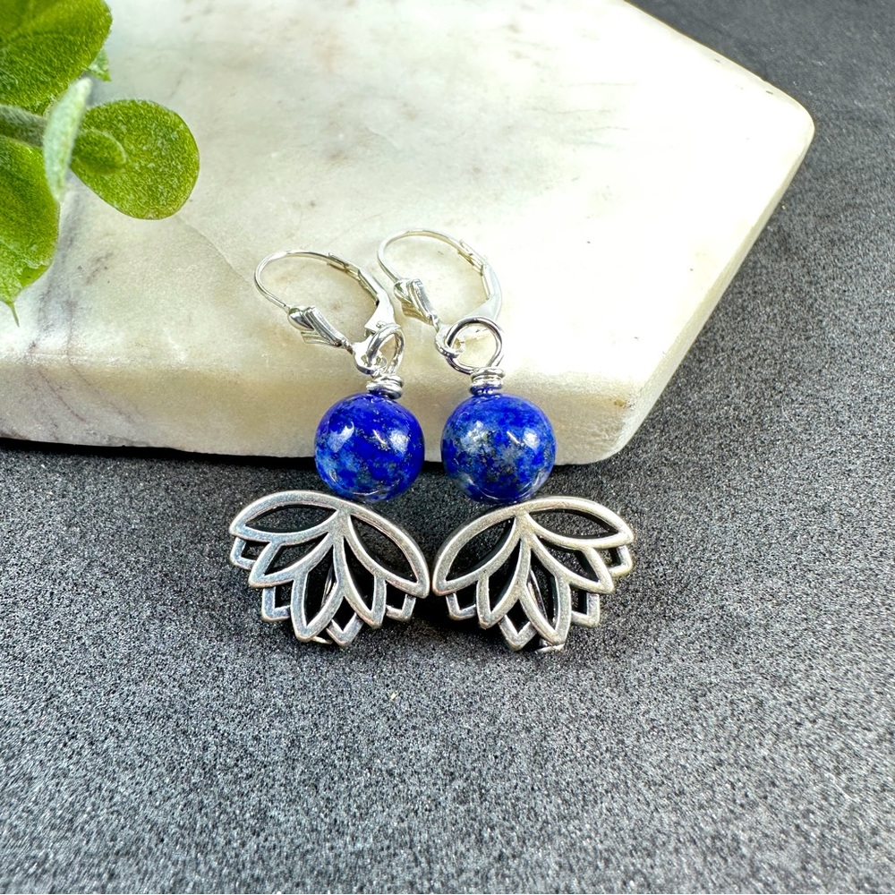 Lapis Lazuli Earrings with Lotus Flower Sterling Silver Lever Back